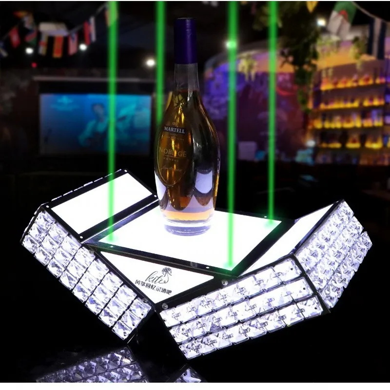 Industrial Laser Beam - LEDライト付きバー型金属製の城,ボトル,ワイン,シャンパンなどのプレゼンテーションホルダー。