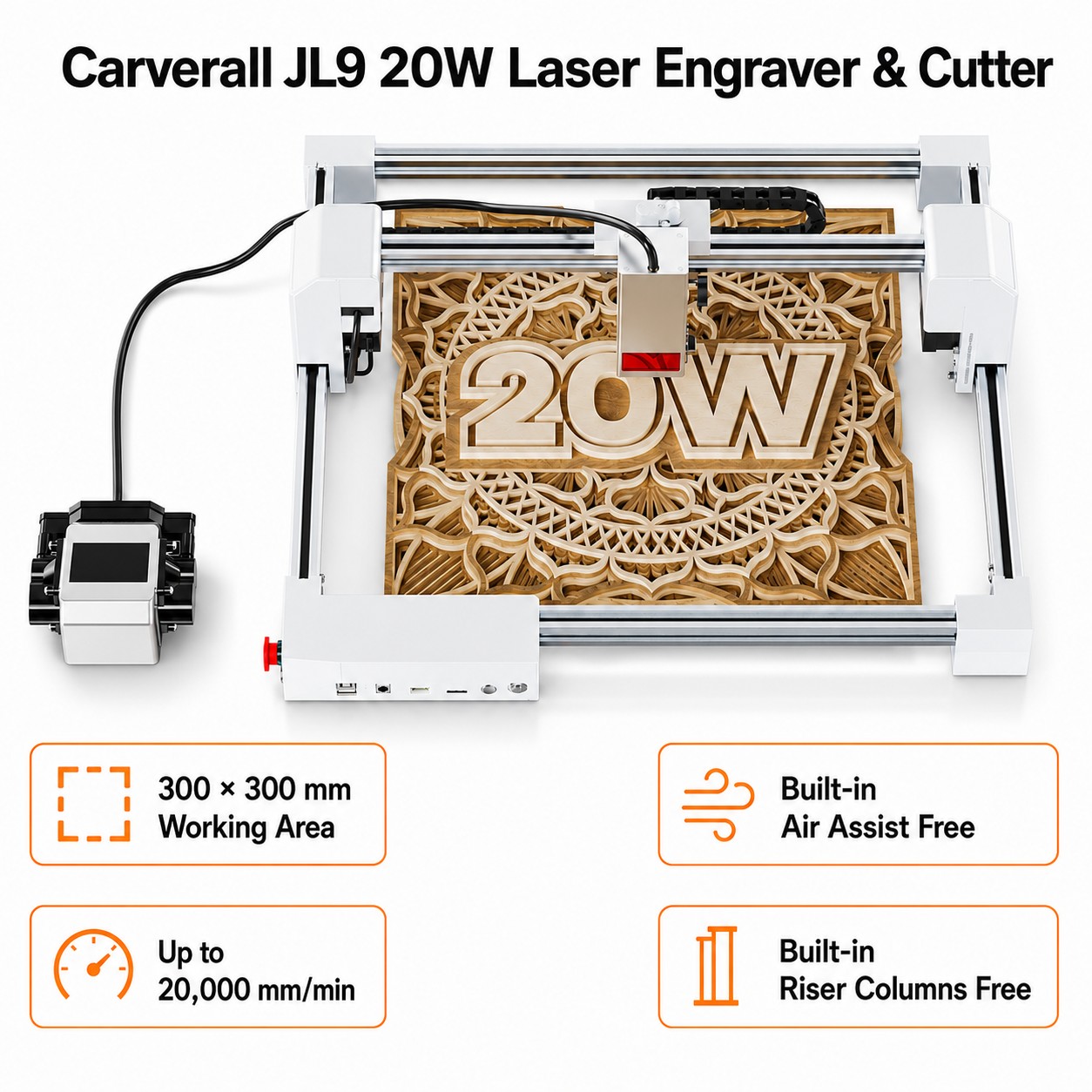 Industrial Laser Engraver - Carverall JL9 20W レーザー彫刻機・カッター、300x300mm デスクトップレーザー彫刻機、デュアルモーター駆動、エアアシスト、0.01mmの精度、3つのフォーカスモード、WiFi/アプリ/LightBurn/CutLabX対応、木材・アクリル・革のDIYや小規模ビジネス向け